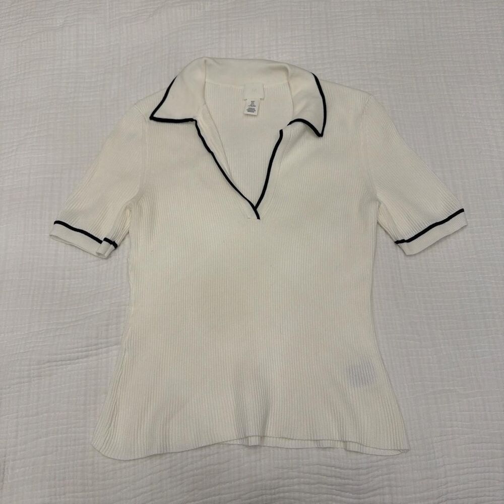 h&m white collared contrast trim top